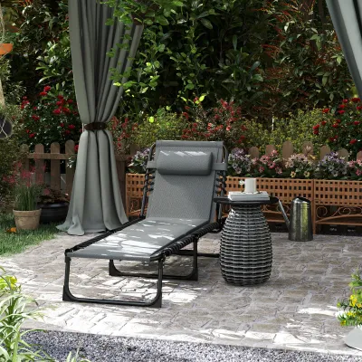 Liegestuhl, Sonnenliege mit Polsterung und Seitentasche, Gartenliege, Pool-Liege, Polsterliege, Grau