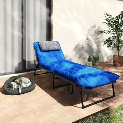 Sonnenliege, 4-stufig verstellbare Rückenlehne, Kissen, Seitentasche, Kopfstütze, 68 x 189 x 33 cm, Blau