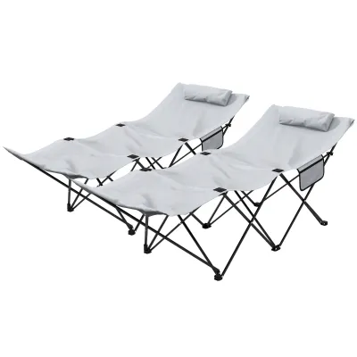 2er Set Klappbare Sonnenliegen Gartenliegen mit seitlicher Tasche und Oxford-Kopfstütze in Grau