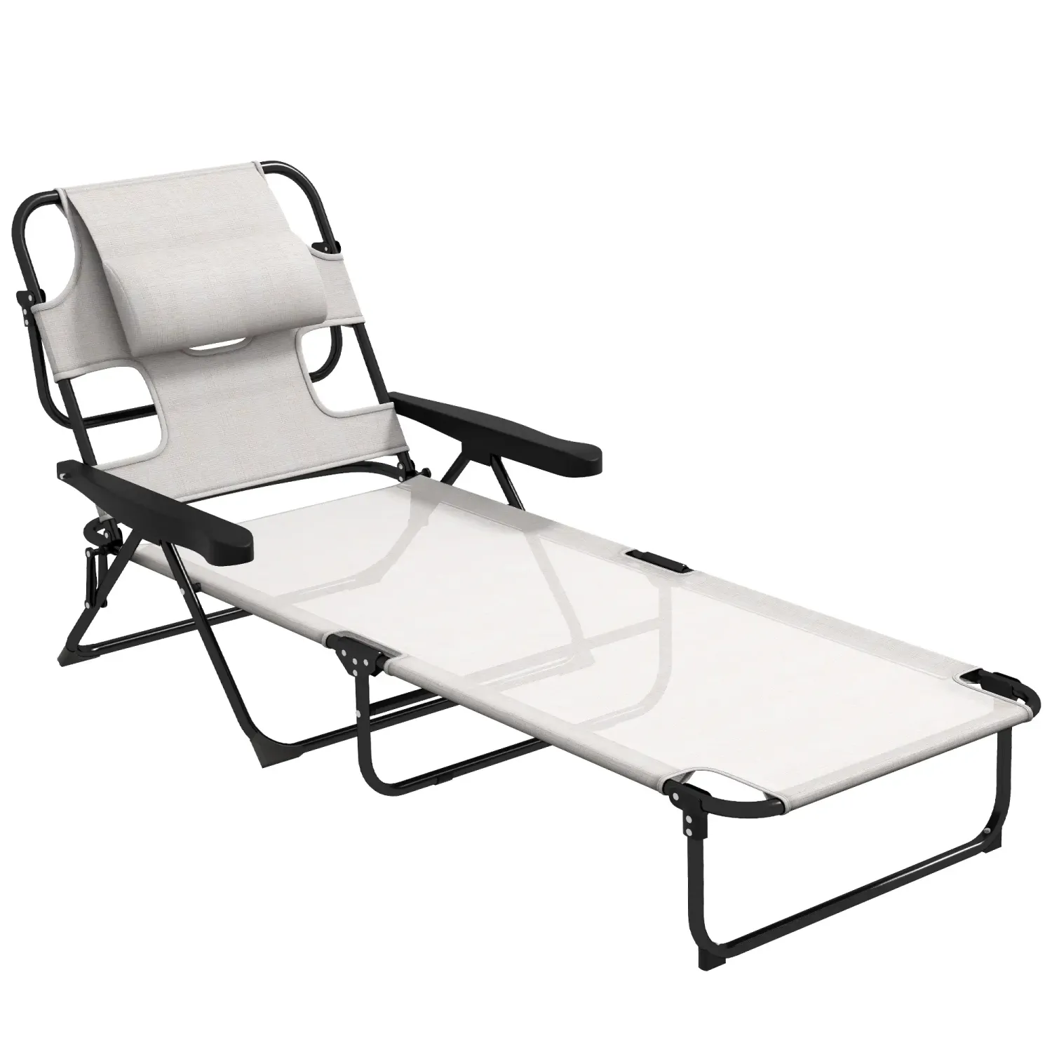Faltbare Gartenliege mit 4-fach verstellbarer Rückenlehne, Leseloch und Kopfkissen 72 x 194 x 89 cm creme
