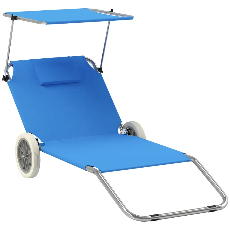 Mobile Sonnenliege auf Rädern ideal für den Strand klappbar blau