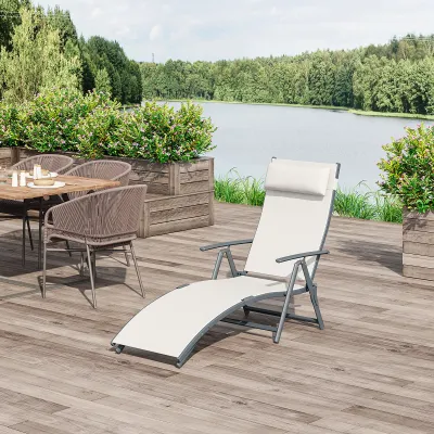 Sonnenliege mit Kissen Liegestuhl mit 7-Fach verstellbare Rückenlehne Gartenliege Relaxliege Gartenstuhl bis 165 kg belastbar, Cremeweiss
