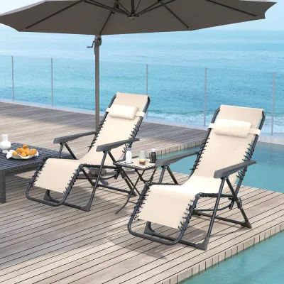 Gartenliege Set 3-TLG. Sonnenliege mit Teetisch 2 Liegestühle Kissen, Outdoor Liege Beige