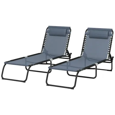 2er Set Sonnenliegen, verstellbare Rückenlehne elastische Schnüre, graues Textilen