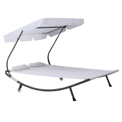 Doppelliege Sonnenliege 2er-Gartenliege rollbar mit Dach Cremeweiss