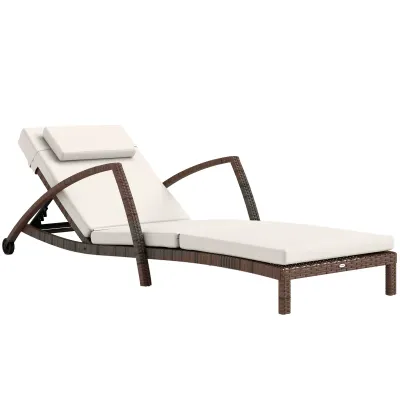 Sonnenliege, Gartenliege aus Polyrattan mit verstellbarer Rückenlehne, Rollen, Kissen und Armlehnen, Braun und Beige