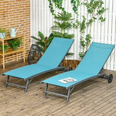 2er-Set Sonnenliegen aus Aluminium und Textilene mit Rollen verstellbarer Rückenlehne max. 150 kg Blau