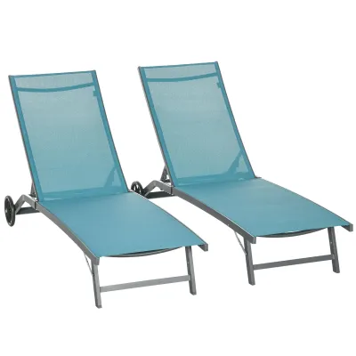 2er-Set Sonnenliegen aus Aluminium und Textilene mit Rollen verstellbarer Rückenlehne max. 150 kg Blau