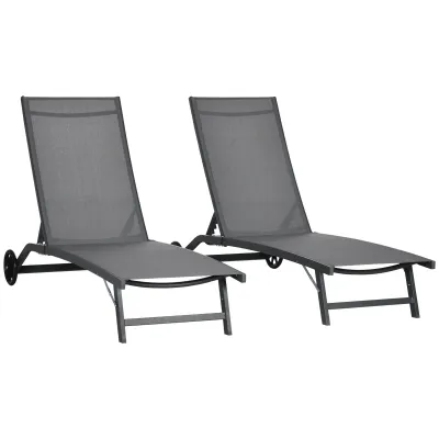 2er Set Sonnenliegen aus Aluminium mit Rollen verstellbare Rückenlehne Dunkelgrau