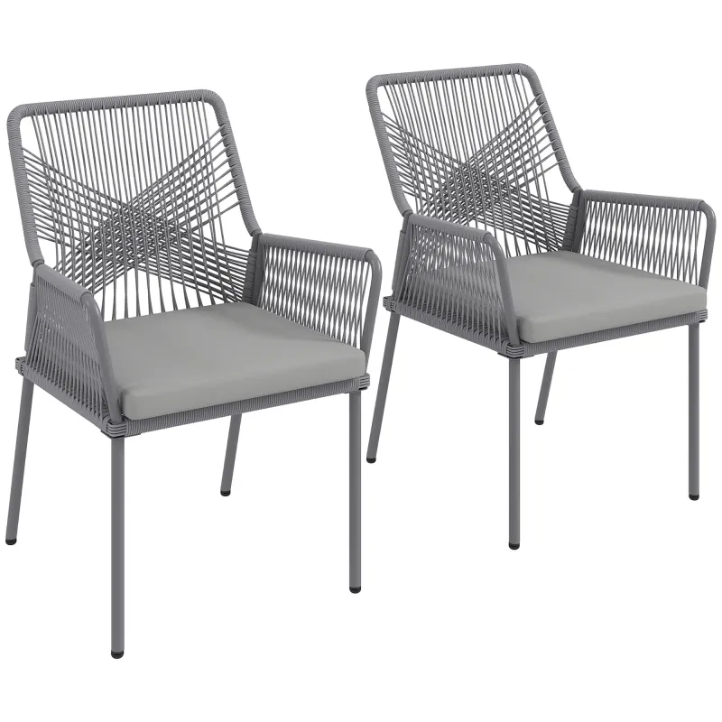 2er-Set Gartenstühle, Terrassenstühle, waschbare Kissen, Rückenlehne, Armlehnen, Stahl, Rattan, Dunkelgrau