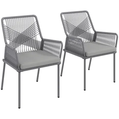 2er-Set Gartenstühle, Terrassenstühle, waschbare Kissen, Rückenlehne, Armlehnen, Stahl, Rattan, Dunkelgrau