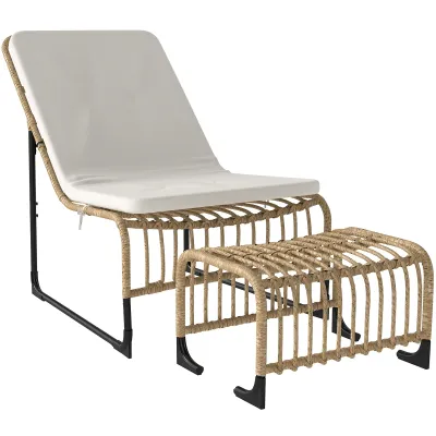Rattan Relaxsessel mit Fussshocker, UV-beständig, Gartensessel mit Kissen, Naturholz, 65 × 93 × 80 cm