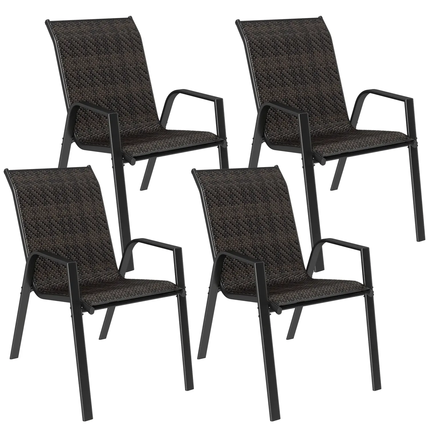 4er Set stapelbare Gartenstühle, Outdoor-Stuhl mit Armlehnen und Rattanoptik in Braun