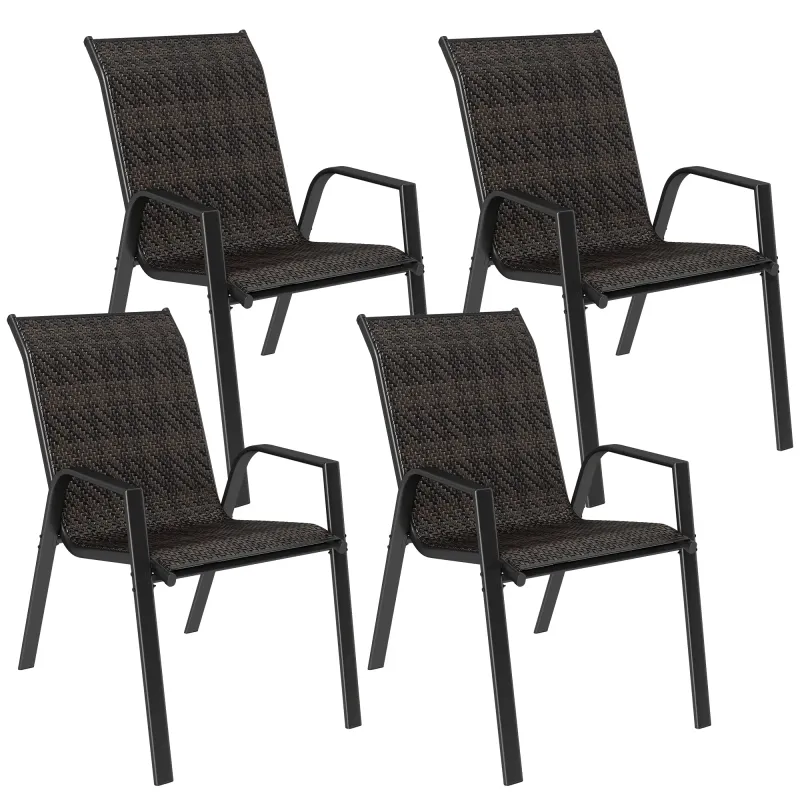 4er Set stapelbare Gartenstühle, Outdoor-Stuhl mit Armlehnen und Rattanoptik in Braun
