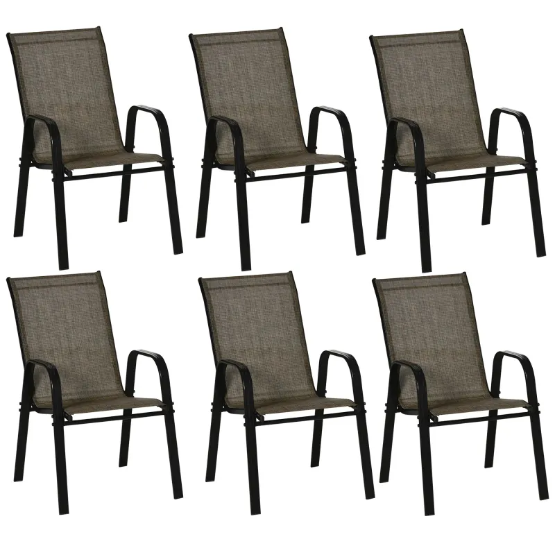 6er Set Gartenstühle, Stapelbare Outdoor-Stühle aus Metall und atmungsaktivem Netzgewebe, Braun