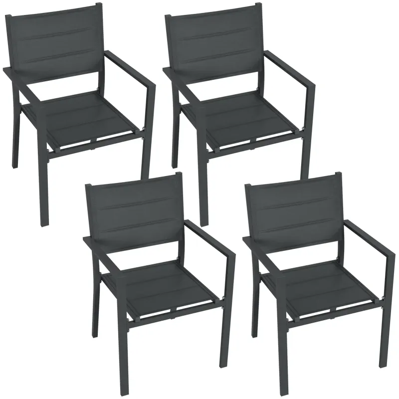 4er Set stapelbare Gartenstühle aus Aluminium und Textilene mit Armlehnen