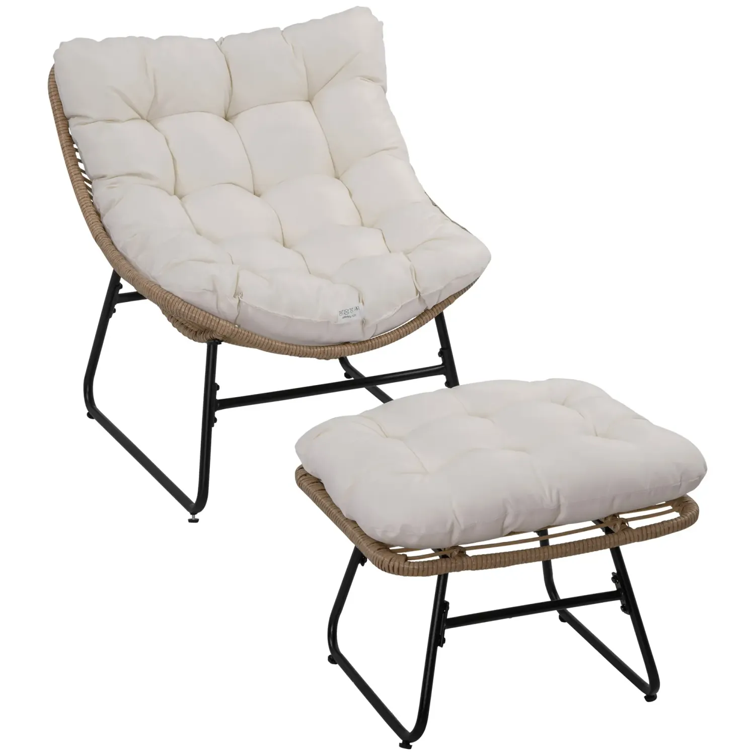 Garten-Liegestuhl mit passendem Hocker in Rattan-Optik mit weichen Kissen - Natur