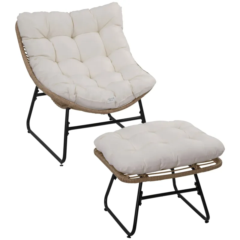 Garten-Liegestuhl mit passendem Hocker in Rattan-Optik mit weichen Kissen - Natur