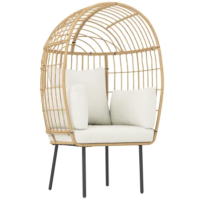 Rattansessel Ei-Förmig mit abnehmbarem Kissen, Polster, Beige