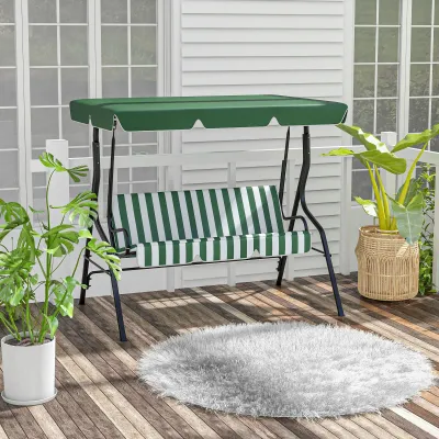 Hollywoodschaukel 3-Sitzer, Gartenschaukel mit verstellbarem Sonnendach, Streifenmuster grün weiss