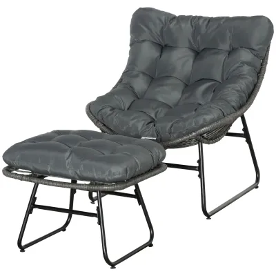 Rattan Relaxsessel mit Fusshocker &amp; dicken Kissen für Garten, Balkon, Terrasse Grau