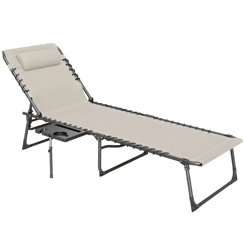 Liegestuhl Sonnenliege faltbar und in 5 Positionen verstellbar mit Seitentisch und Tasche, 60x190x31 cm, Cremeweiss