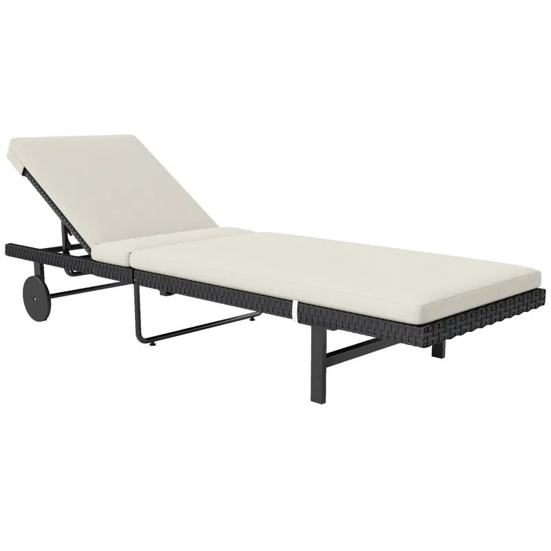 Rattan Sonnenliege Gartenliege mit Kissen, verstellbar mit Rollen, 198 x 65 x 85 cm, Creme