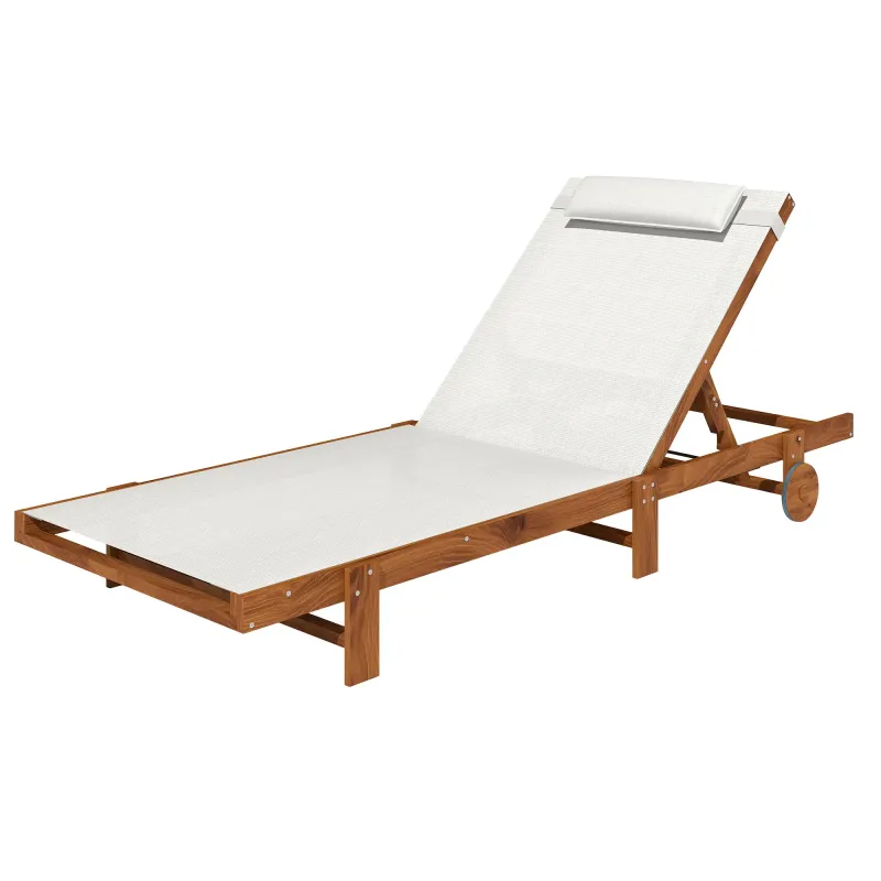 Sonnenliege aus Holz mit Rollen, verstellbarer Rückenlehne in 4 Positionen, Kopfkissen, weiss