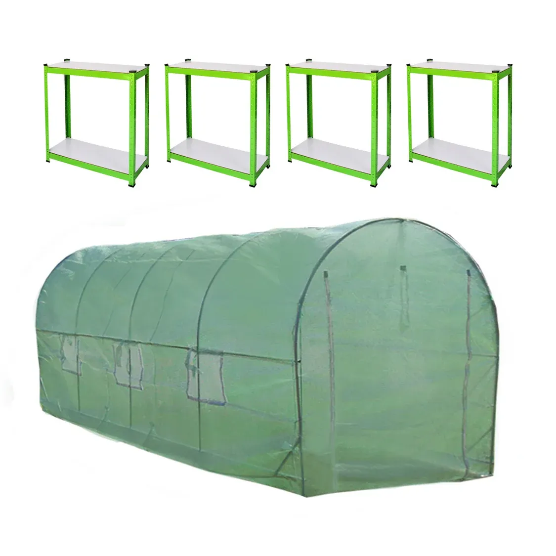 Polytunnel Gewächshaus mit Regalen – 5 x 2 m, 19 mm Stahlrahmen, wetterfeste PE-Abdeckung