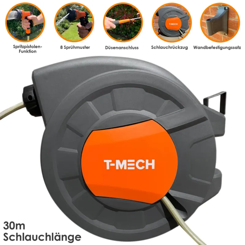 30m Schlauchtrommel mit automatischem Rückzug – Gartenschlauch von T-Mech, inkl. Spritzpistole