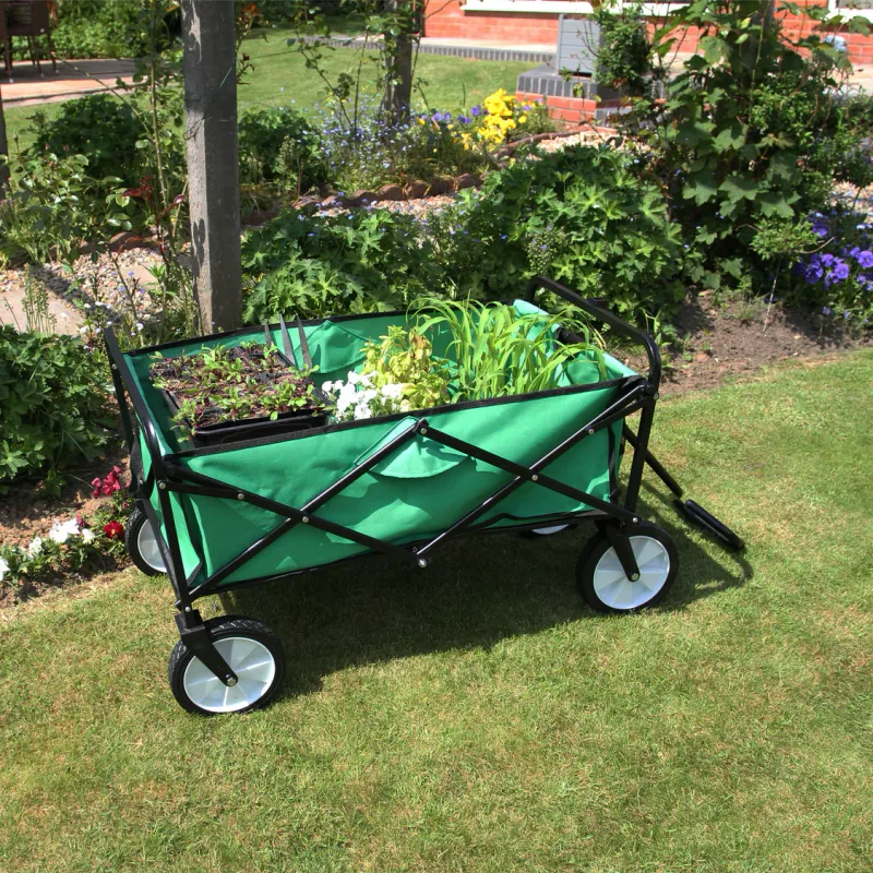 Faltbarer Gartenwagen, Bollerwagen mit 360° Schwenkrädern – Grün, 120 kg Kapazität