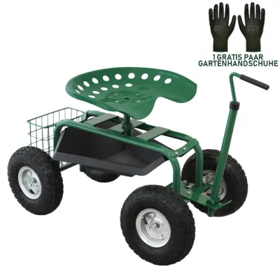 Fahrbarer Gartensitz mit Werkzeugfach, Korb &amp; Luftbereifung – 150 kg Tragkraft
