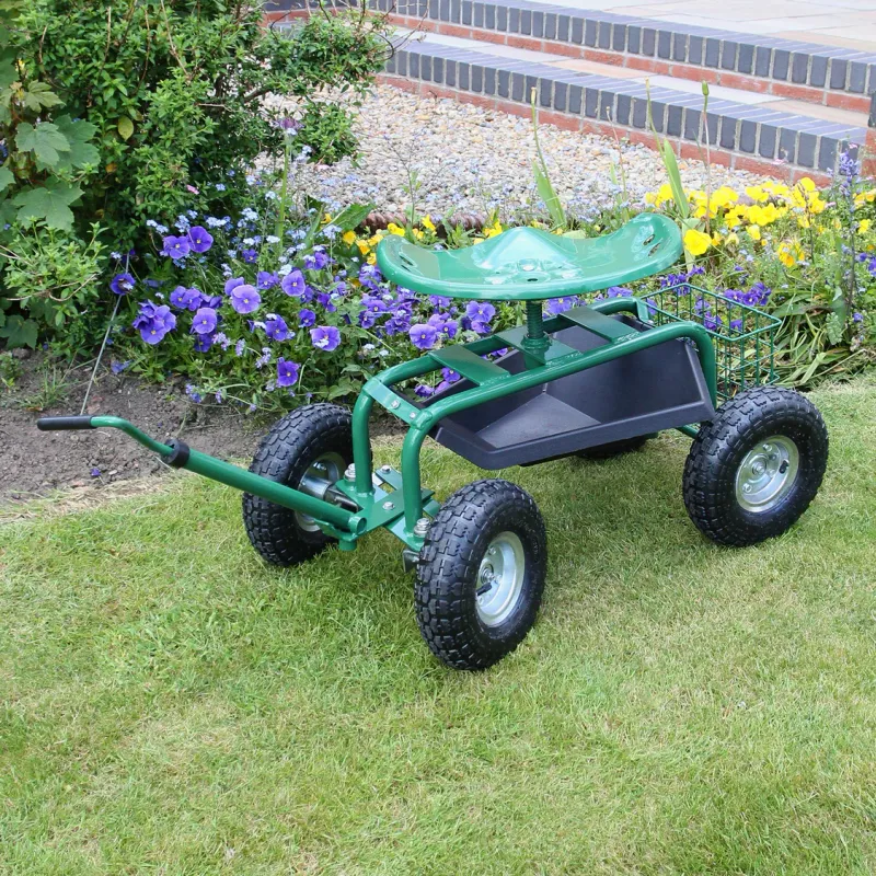 Fahrbarer Gartensitz mit Werkzeugfach, Korb & Luftbereifung – 150 kg Tragkraft
