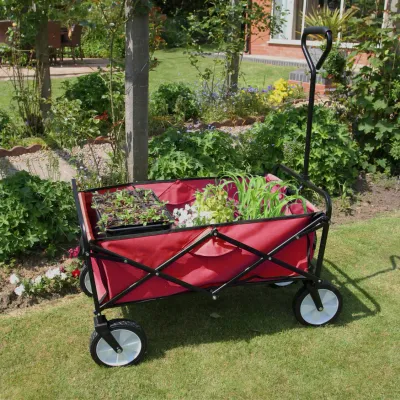 Faltbarer Gartenwagen / Bollerwagen – Rot, 70 kg Tragkraft, mit 360° schwenkbaren Rädern