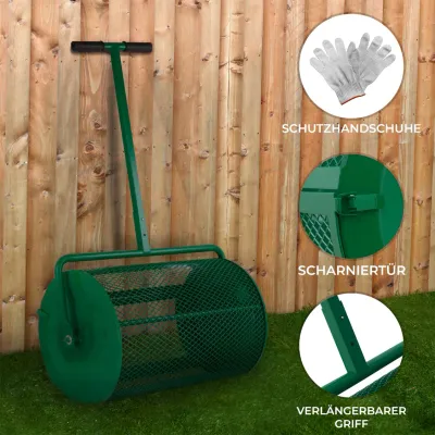 Kompoststreuer 80L mit Verlängerbarem Griff und Maschenkorb – Grün, inkl. Gratis Handschuhe