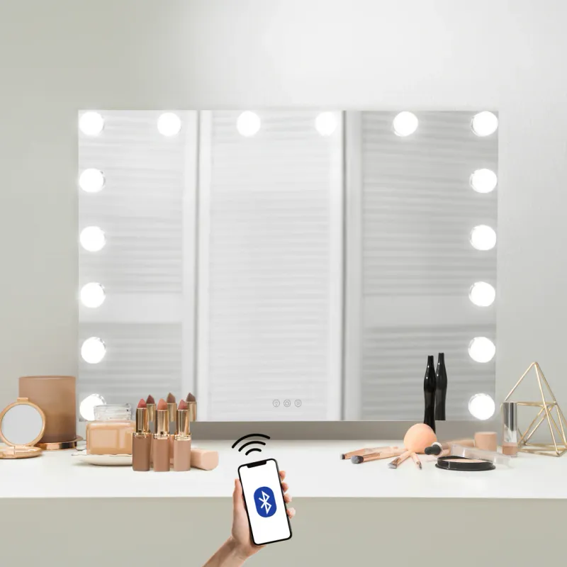 LED Hollywood Schminkspiegel 80x60cm mit Bluetooth – Dimmbar, 3 Lichtfarben & USB-Ladeports