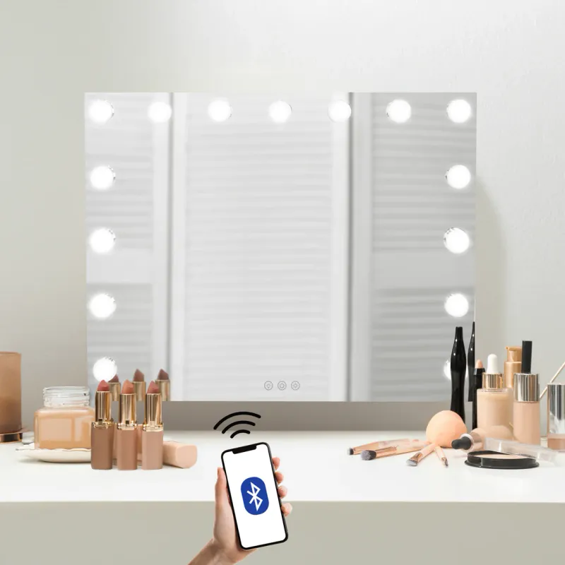 LED Hollywood Schminkspiegel 58x46cm mit Bluetooth – Dimmbar, 3 Lichtfarben & USB-Ladeports
