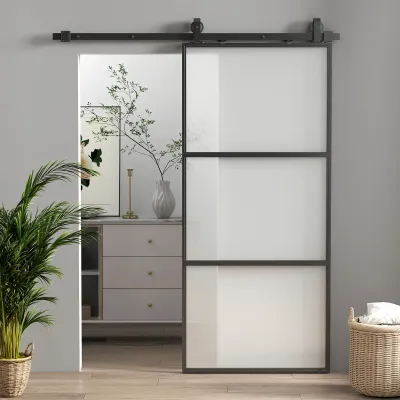 Schiebetür mit Milchglas und Soft-Close | Komplettset mit Schienensystem, Stahl, Schwarz