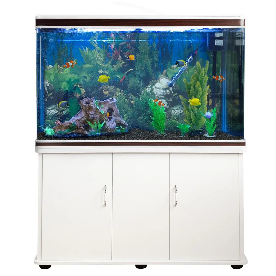 Aquarium Komplettset 300 Liter mit weissem Unterschrank &amp; schwarzem Kies | Filter, Heizer, LED
