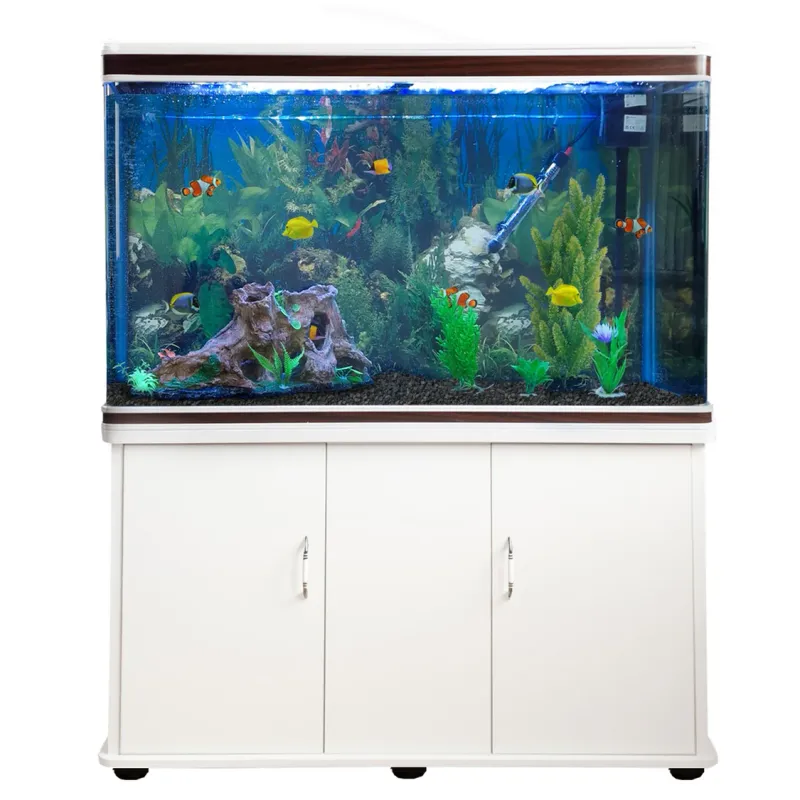 Aquarium Komplettset 300 Liter mit weissem Unterschrank &amp; schwarzem Kies | Filter, Heizer, LED