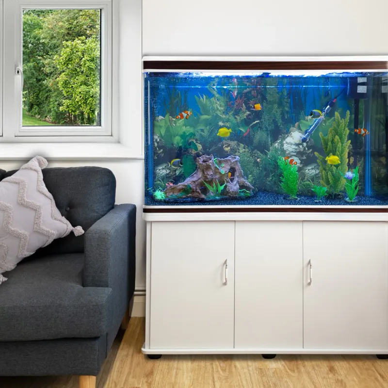 300L Aquarium Komplettset mit weissem Unterschrank &amp; blauem Kies | Filter, Heizer, LED