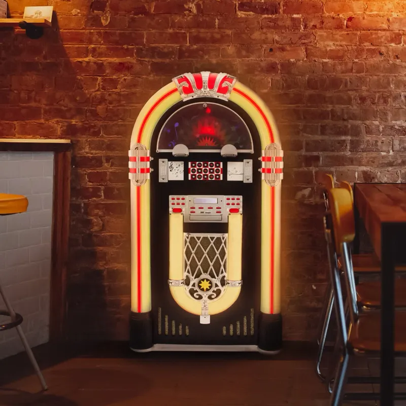 Retro Jukebox im 50er-Jahre-Stil mit Plattenspieler, Radio, Bluetooth & LED | 2 x 40 W