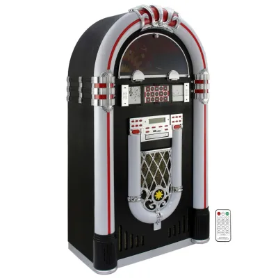 Retro Jukebox im 50er-Jahre-Stil mit Plattenspieler, Radio, Bluetooth &amp; LED | 2 x 40 W