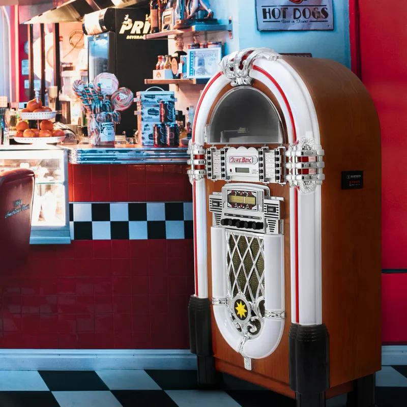 Retro-Jukebox im 50er-Jahre-Stil mit CD-Tragetasche | Bluetooth, Radio, LED, 40 W