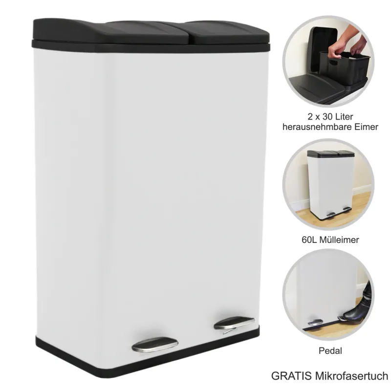 60 l Doppel-Abfalleimer Tretmülleimer Weiss | 2 x 30 l, Edelstahl, 2 Pedale