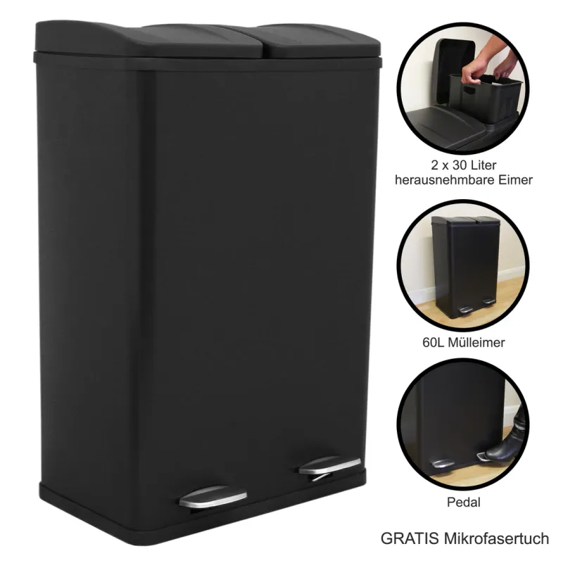 60 l Doppel-Abfalleimer Tretmülleimer Schwarz | 2 x 30 l, Edelstahl, 2 Pedale