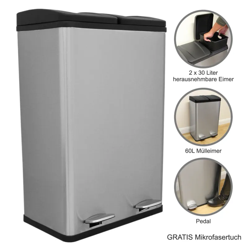 60 l Doppel-Abfalleimer Tretmülleimer Edelstahl | 2 x 30 l, 2 Pedale, rutschfest