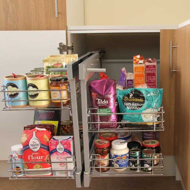 Eckschrank-Körbe aus Edelstahl rechts | 80–90 cm, Selbsteinzug, 4 Körbe, Schrankauszug