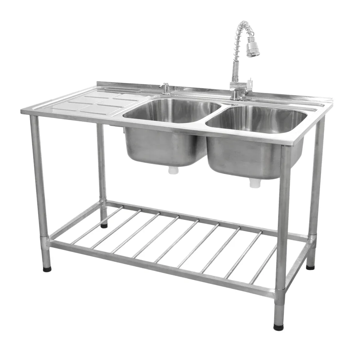 Gastro-Spültisch mit Doppelbecken &amp; Abtropffläche links 120 cm | Edelstahl SS02, inkl. Gratis-Zubehör