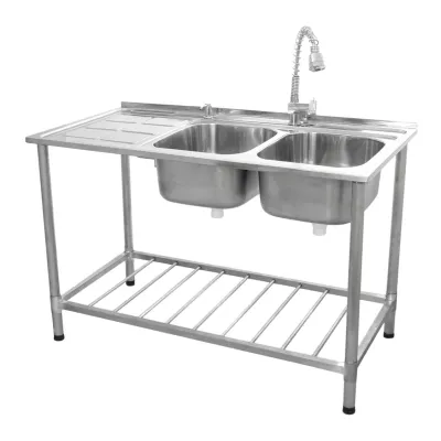 Gastro-Spültisch mit Doppelbecken &amp; Abtropffläche links 120 cm | Edelstahl SS02, inkl. Gratis-Zubehör